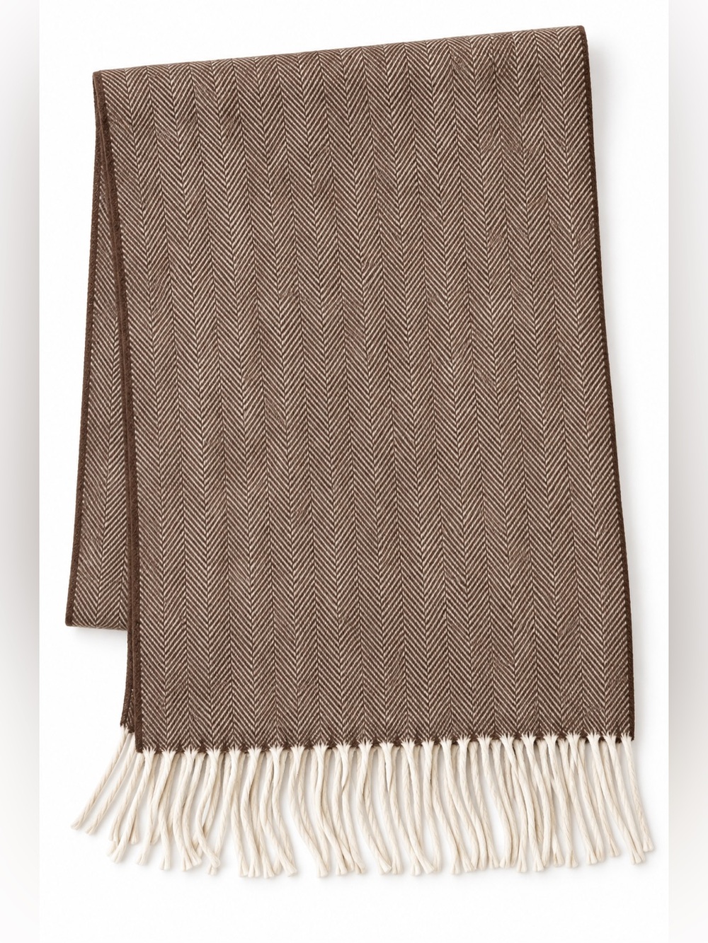 100% Cashmere Herringbone Scarf Made in England Brown Cream 64” x 12”
